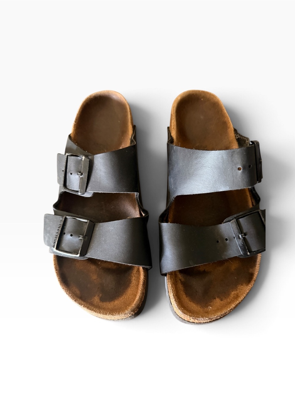 Birkenstock Women's Double Buckle Slide Sandals in Black with Brown Footbed